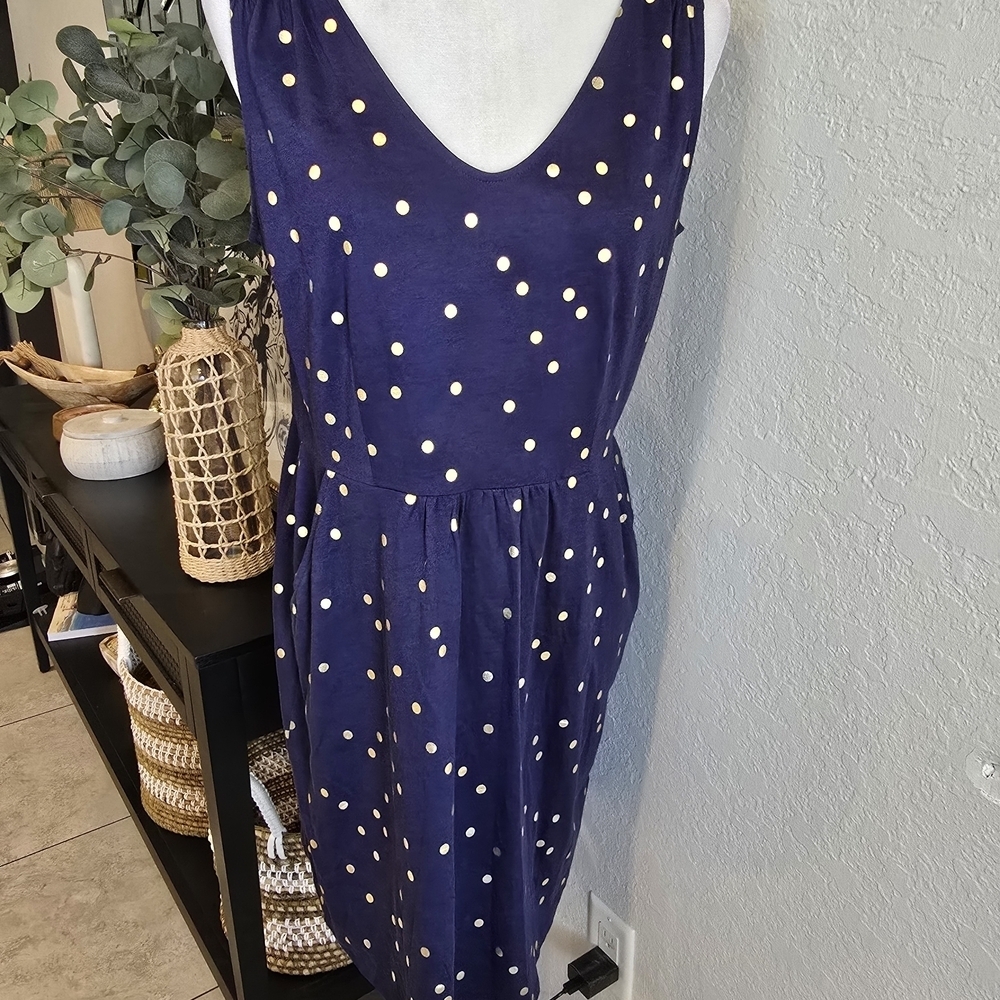 Boden Women's Melinda Jersey Cotton Blend Navy Blue Gold Polka Dot Dress 10 - Picture 2 of 7